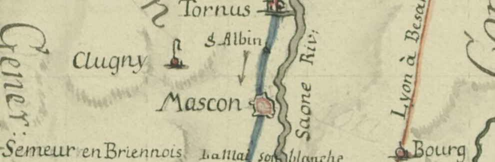 1ere carte de la tournée militaire de Mr. le mqs de Paulmy representant le comencement & la fin du voyage. 1752. 1 carte : manuscrit coloré, 44 × 27 cm / Source gallica.bnf.fr / Bibliothèque nationale de France, Bibliothèque de l'Arsenal, MS-6436 (94 A) (détail)