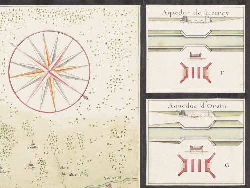 Carte du canal proposé en Bourgogne pour la jonction des deux mers par les rivieres de Saone et d'Ionne. [Avant 1787] / Source gallica.bnf.fr / Bibliothèque nationale de France, Bibliothèque de l'Arsenal, MS-6436 (89) (détail)