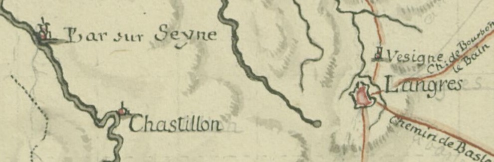 1ere carte de la tournée militaire de Mr. le mqs de Paulmy representant le comencement & la fin du voyage. 1752. 1 carte : manuscrit coloré, 44 × 27 cm / Source gallica.bnf.fr / Bibliothèque nationale de France, Bibliothèque de l'Arsenal, MS-6436 (94 A) (détail)