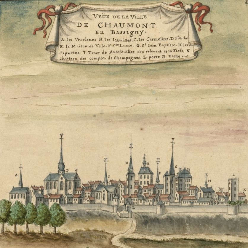 Boudan, Louis. Veüe de la ville de Chaumont, en Bassigny. [1700?]. Aquarelle, 31,8 x 29,3 cm (f.), 28,3 x 25,6 cm (tr. c.) / Source gallica.bnf.fr / Bibliothèque nationale de France, département des estampes et de la photographie, VA-52 (1)-FOL (détail)